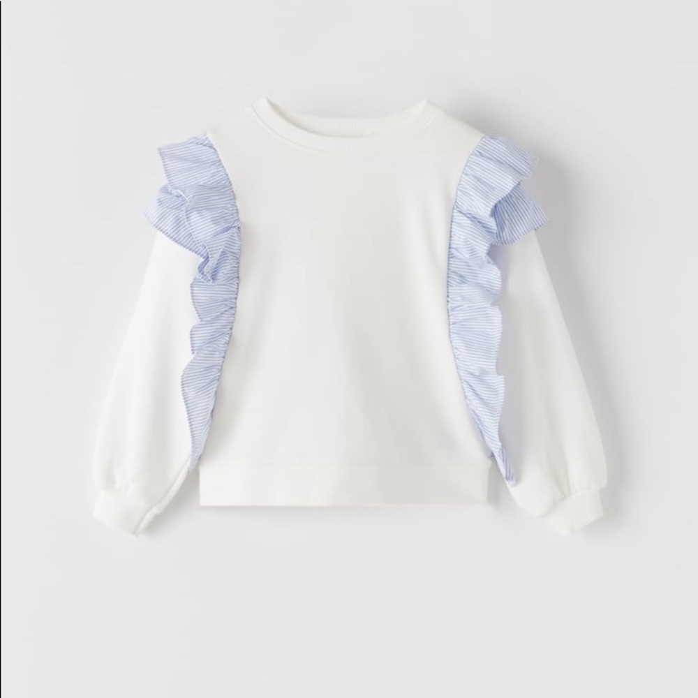 ZARA Girl Ruffled Striped Sweatshirt Oyster White